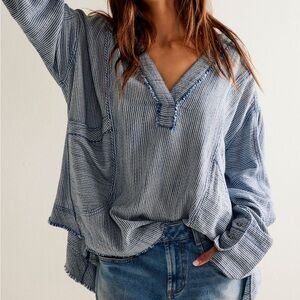 Free People Blue Striped V-Neck oversized slouchy Top/Cover up